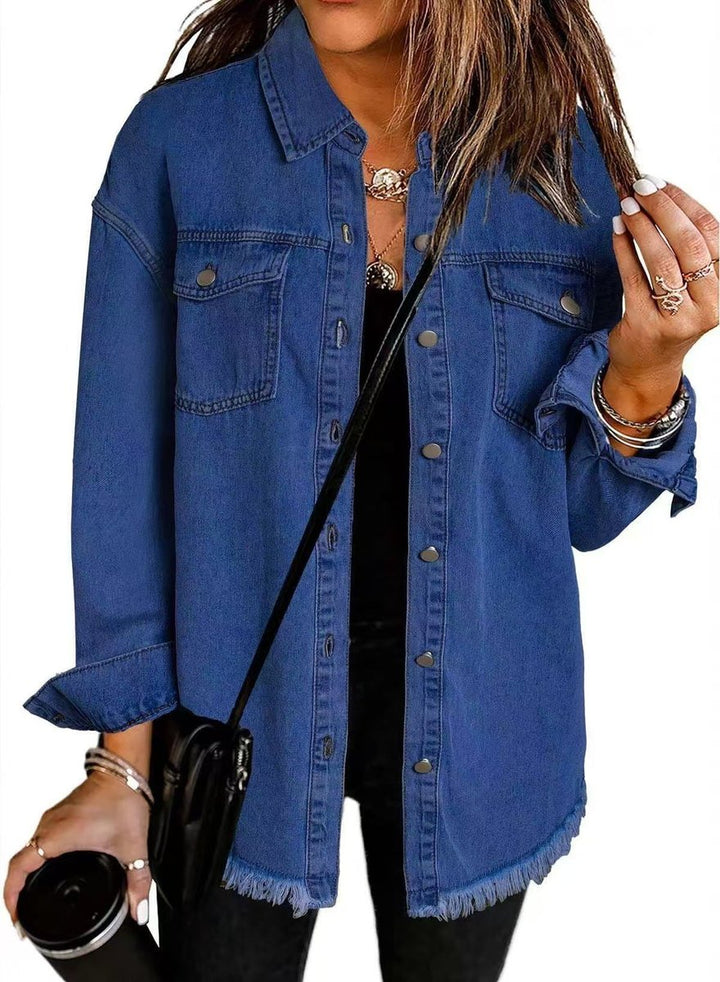 Women's Oversized Raw-Hem Snap-Button Denim Jacket - Dark Blue