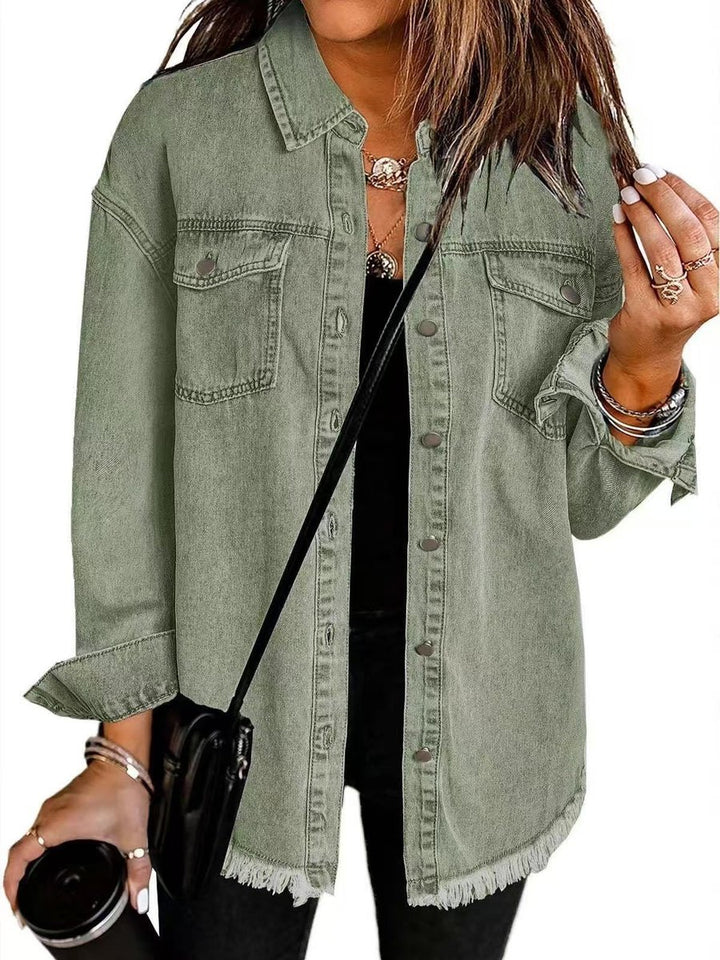 Women's Oversized Raw-Hem Snap-Button Denim Jacket - Olive Green