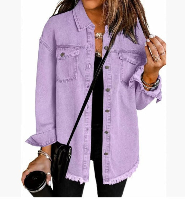 Women's Oversized Raw-Hem Snap-Button Denim Jacket