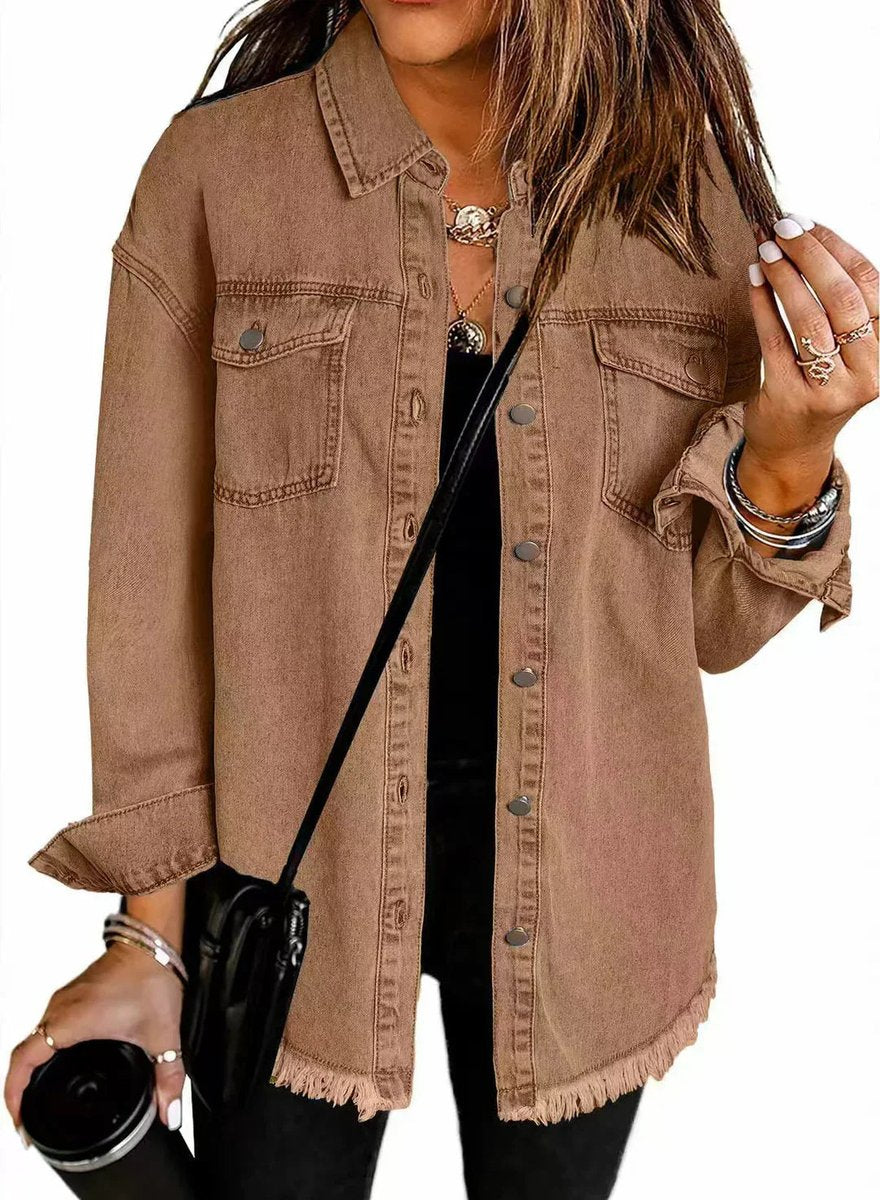 Women's Oversized Raw-Hem Snap-Button Denim Jacket - Brown
