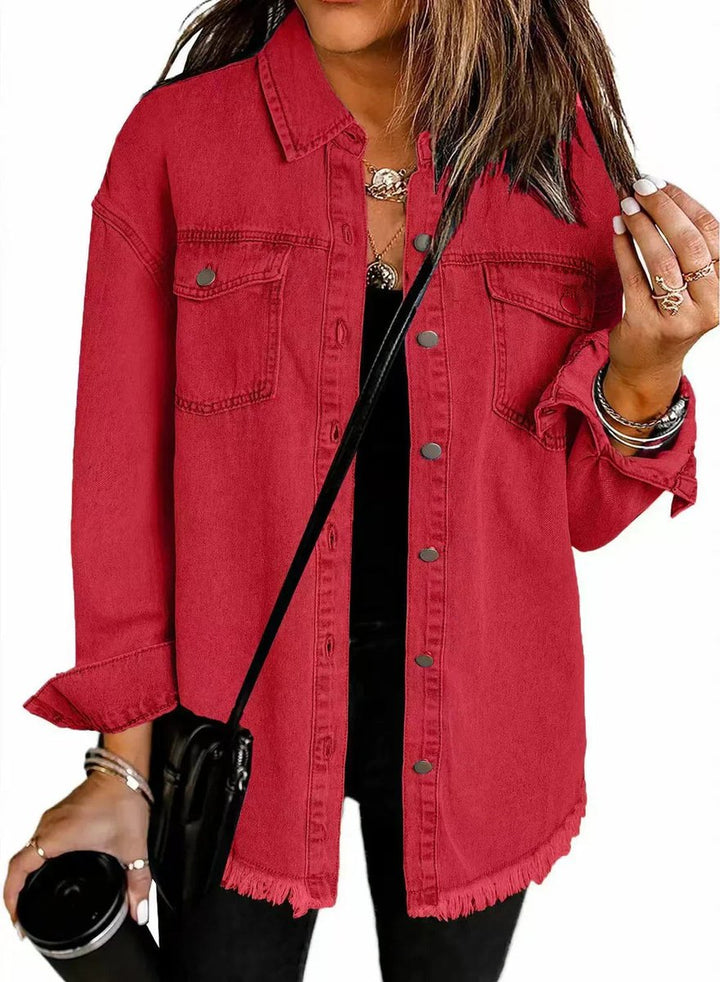 Women's Oversized Raw-Hem Snap-Button Denim Jacket - Red