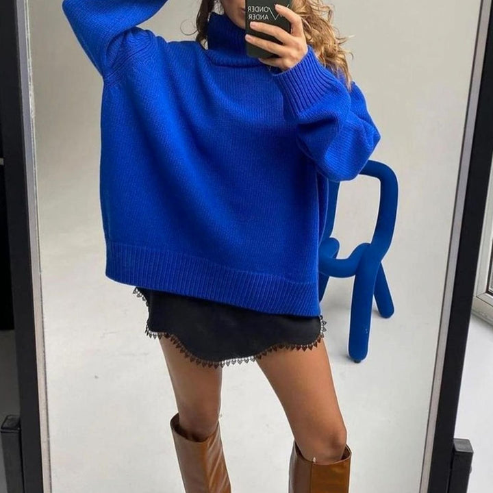 Women's Oversized Ribbed-Trim Knit Turtleneck Sweater - Blue