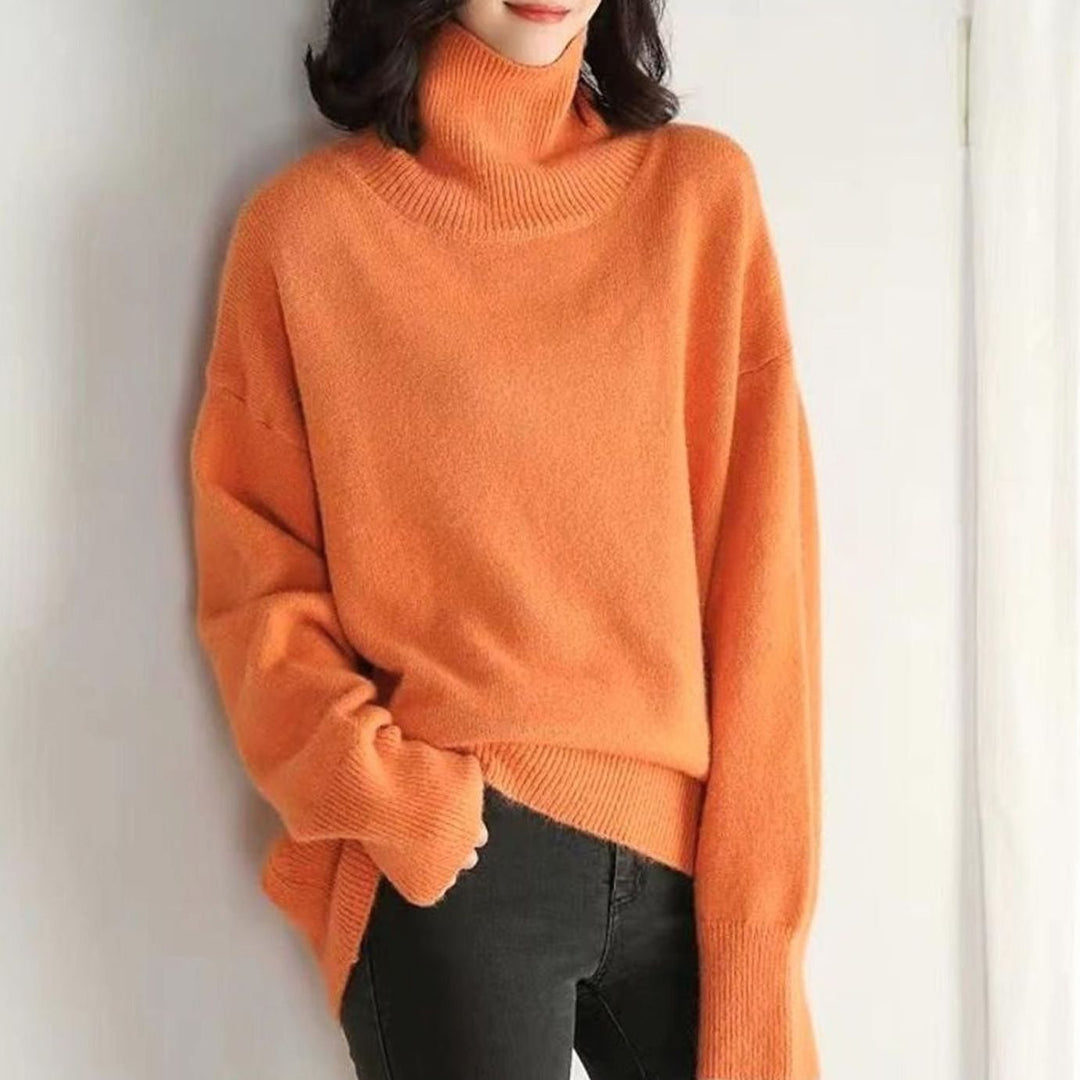 Women's Oversized Ribbed-Trim Knit Turtleneck Sweater - Orange