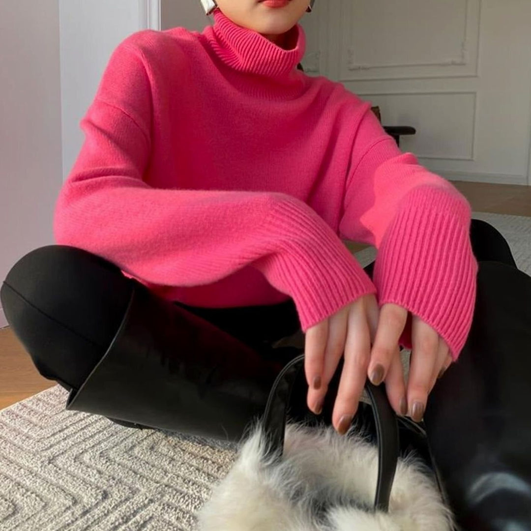 Women's Oversized Ribbed-Trim Knit Turtleneck Sweater - Pink