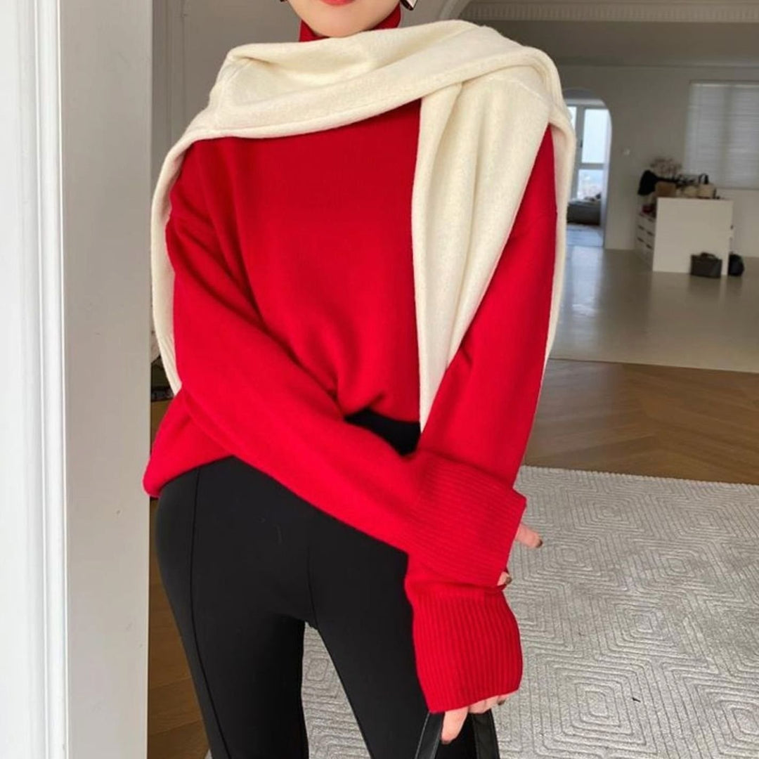 Women's Oversized Ribbed-Trim Knit Turtleneck Sweater - Red
