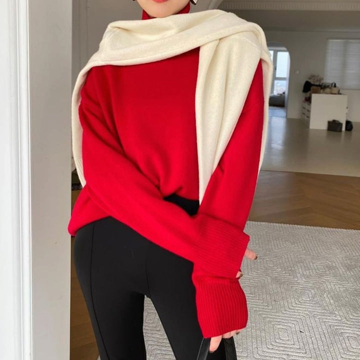 Women's Oversized Ribbed-Trim Knit Turtleneck Sweater - Red
