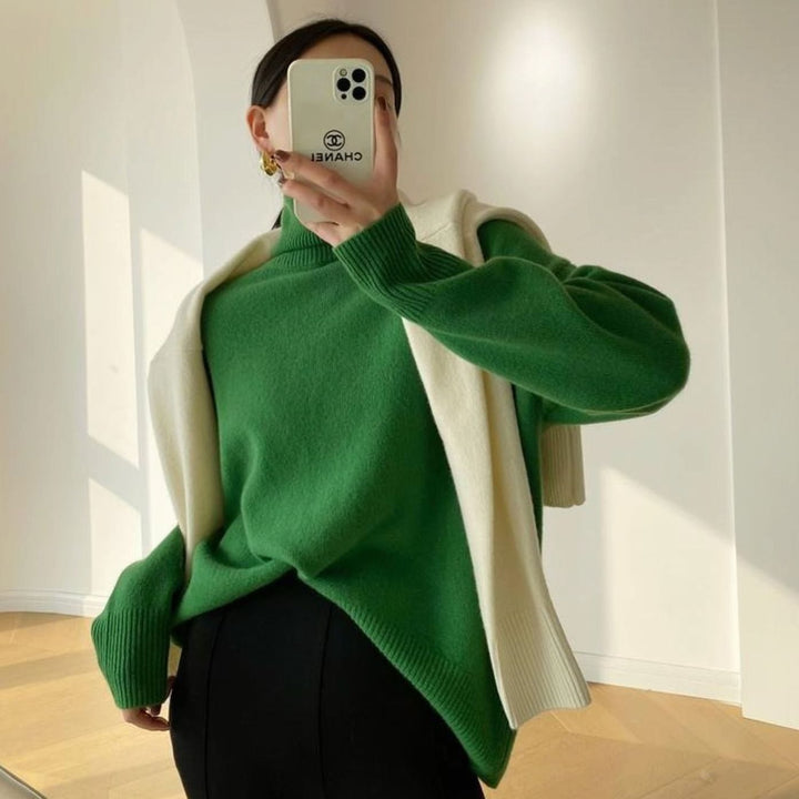 Women's Oversized Ribbed-Trim Knit Turtleneck Sweater - Green