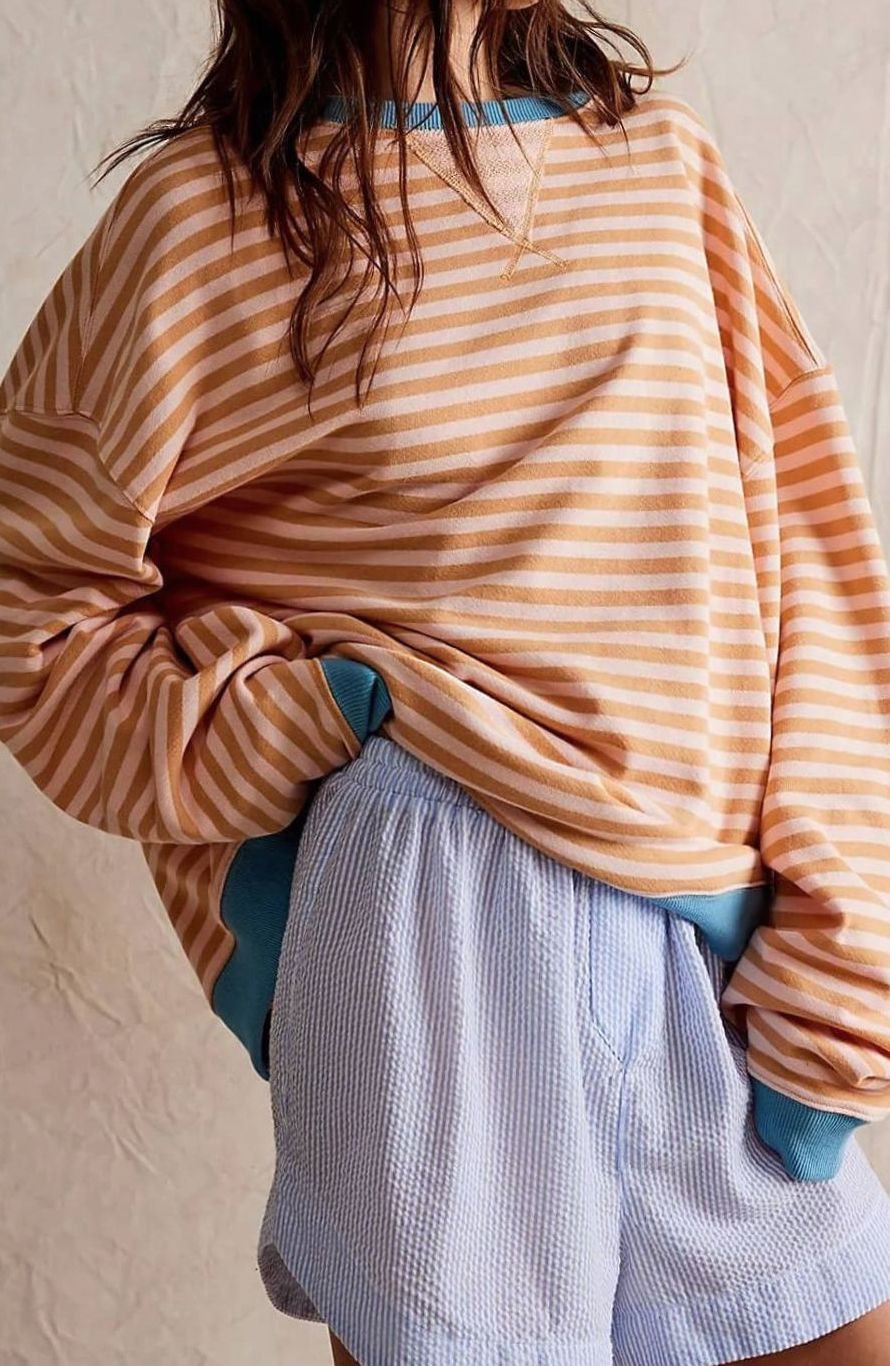 Women's Oversized Striped Crewneck Jumper Casual Pullover Sweater - Orange-Blue