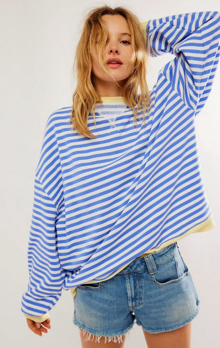 Women's Oversized Striped Crewneck Jumper Casual Pullover Sweater - Blue
