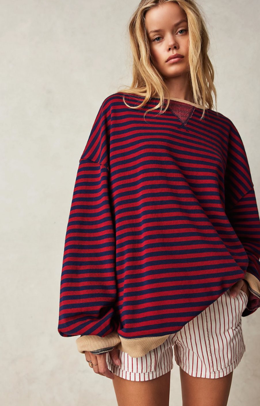 Women's Oversized Striped Crewneck Jumper Casual Pullover Sweater - Black-Red