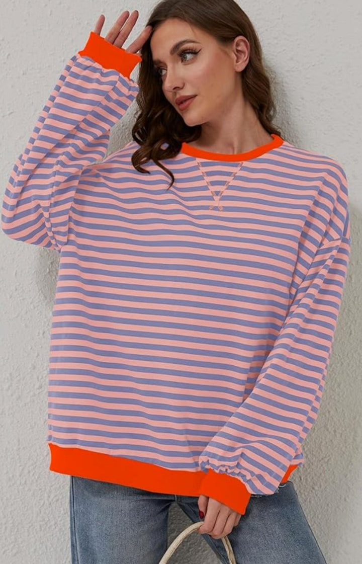 Women's Oversized Striped Crewneck Jumper Casual Pullover Sweater - Blue-Pink