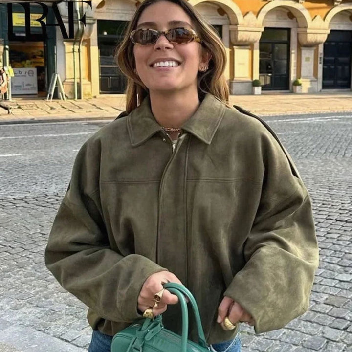 Women's Oversized Suede-Look Light Bomber Jacket Full-Zip Aviator