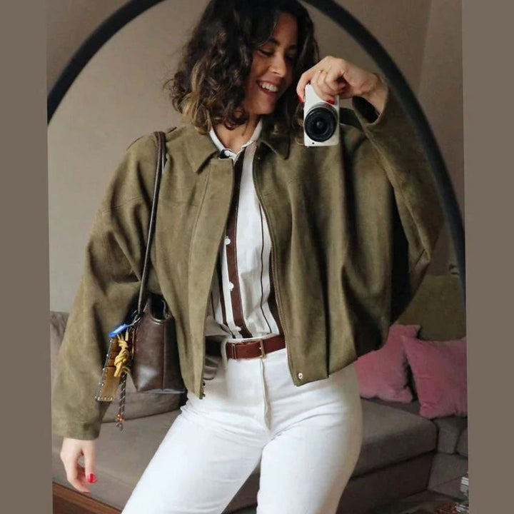 Women's Oversized Suede-Look Light Bomber Jacket Full-Zip Aviator