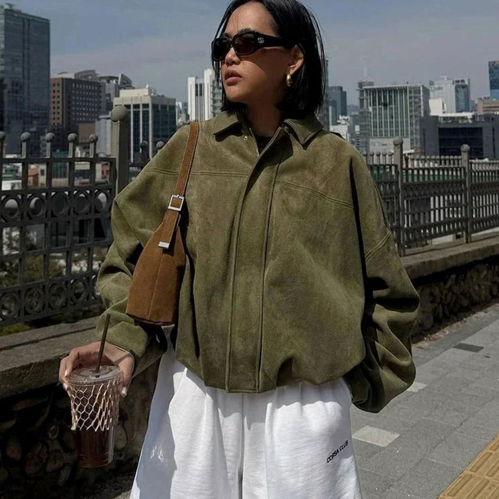 Women's Oversized Suede-Look Light Bomber Jacket Full-Zip Aviator