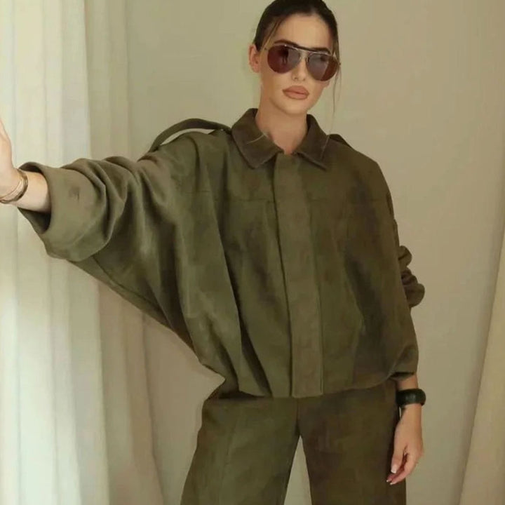 Women's Oversized Suede-Look Light Bomber Jacket Full-Zip Aviator
