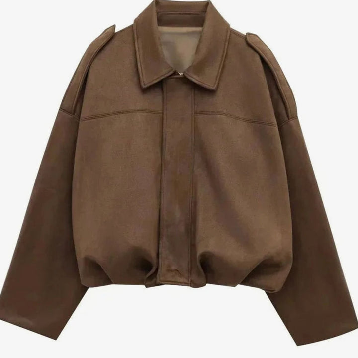 Women's Oversized Suede-Look Light Bomber Jacket Full-Zip Aviator - Brown