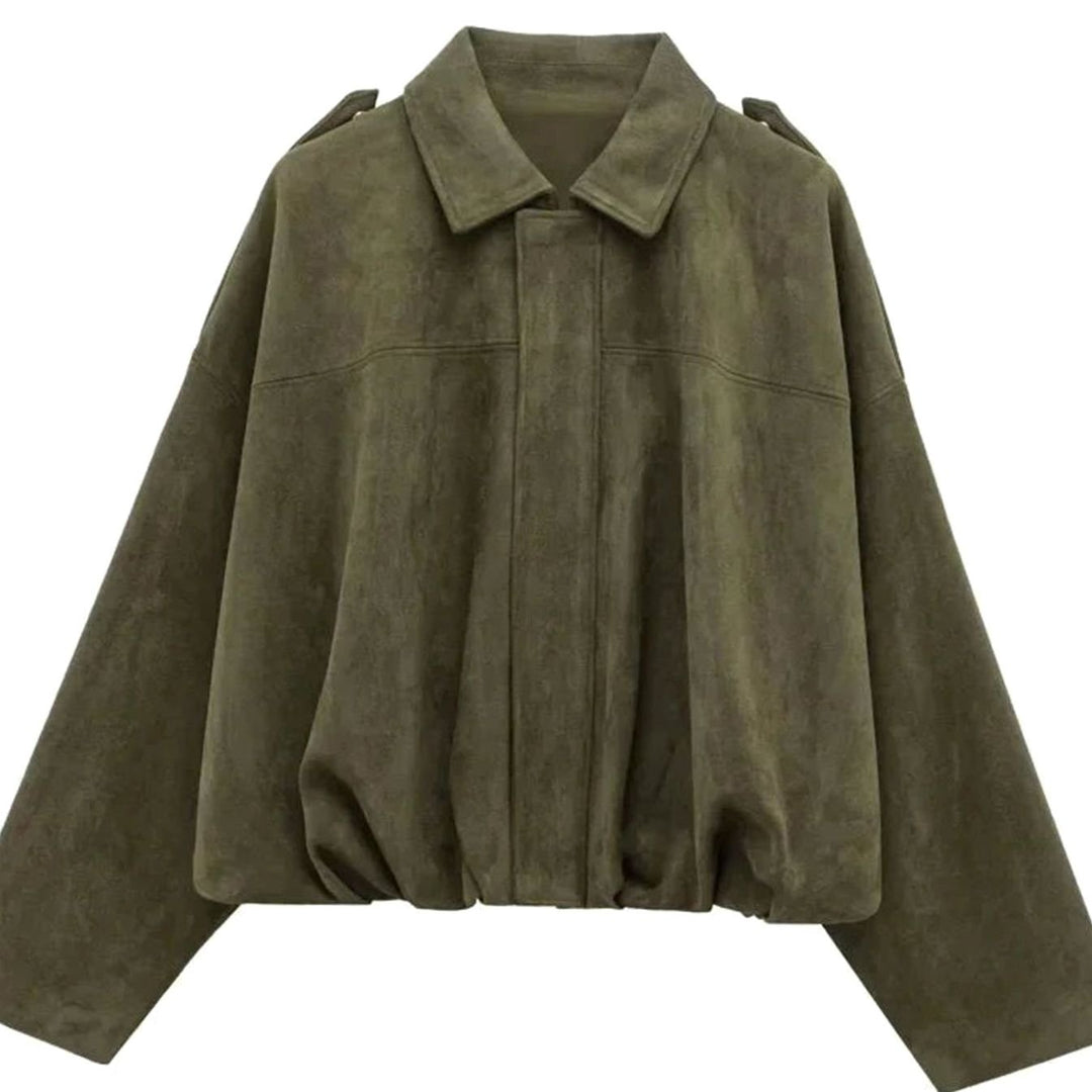 Women's Oversized Suede-Look Light Bomber Jacket Full-Zip Aviator - Military Green