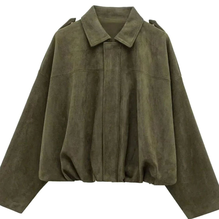 Women's Oversized Suede-Look Light Bomber Jacket Full-Zip Aviator - Military Green