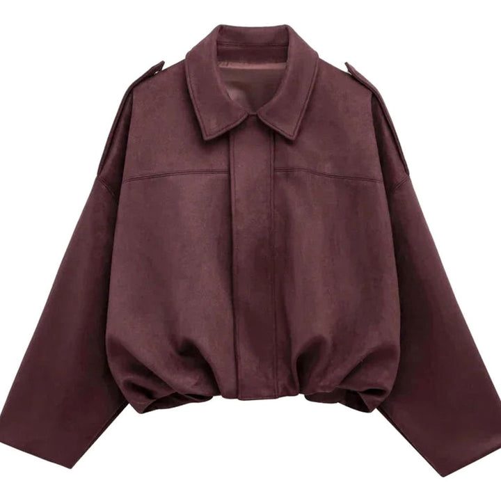 Women's Oversized Suede-Look Light Bomber Jacket Full-Zip Aviator - Burgundy