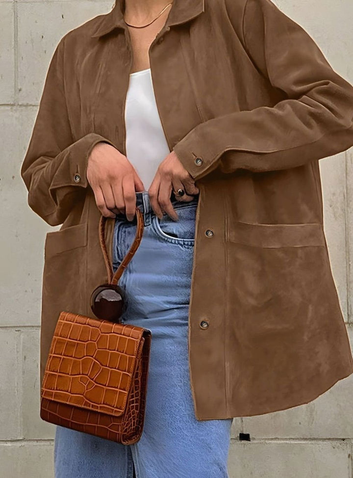 Women's Oversized Suede-Style Button-Down Coat Jacket - Coffee Brown