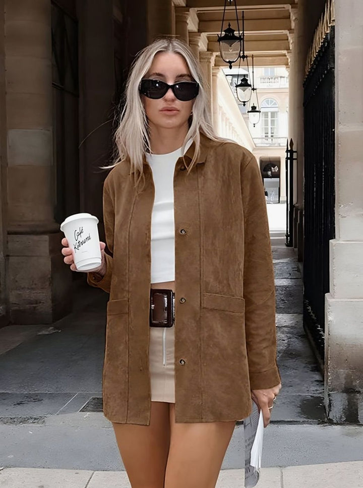 Women's Oversized Suede-Style Button-Down Coat Jacket