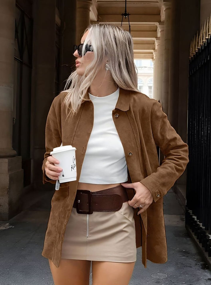 Women's Oversized Suede-Style Button-Down Coat Jacket