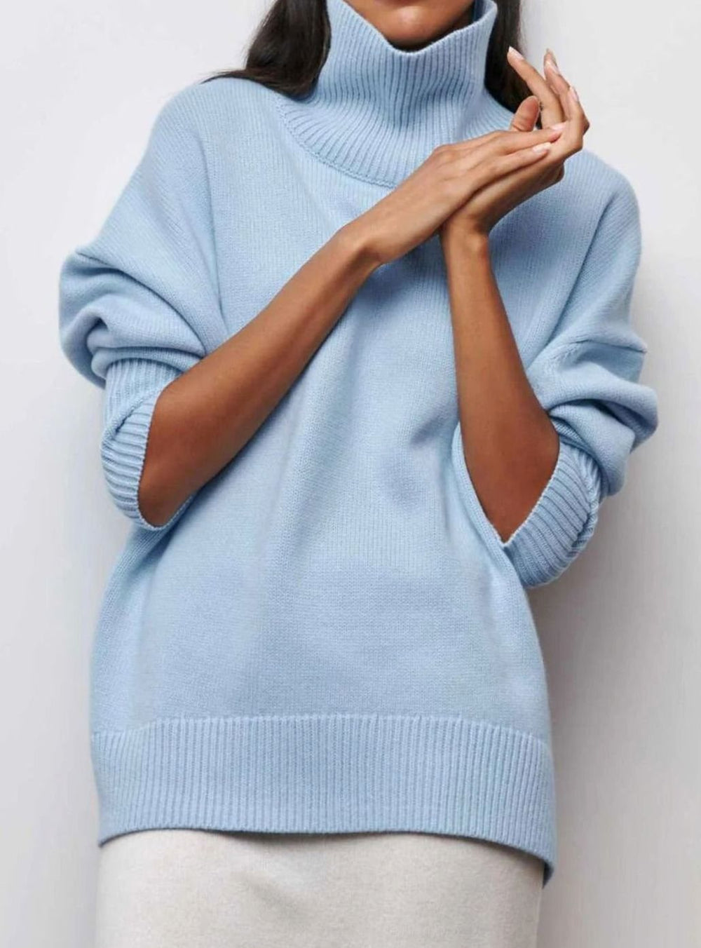 Women's Oversized Turtleneck Cardigan Sweater Elbow Slit Ribbed Knit - Blue