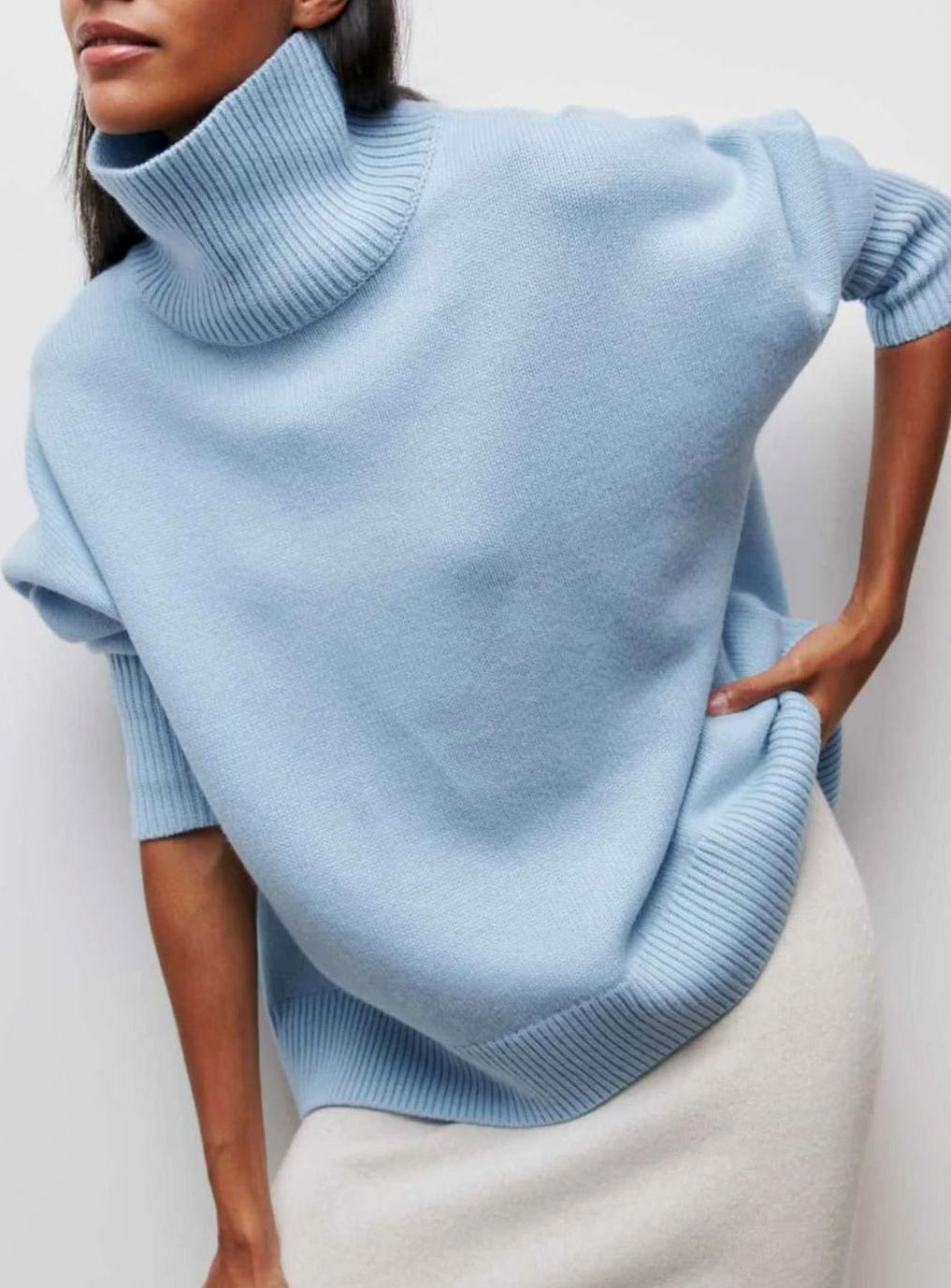 Women's Oversized Turtleneck Cardigan Sweater Elbow Slit Ribbed Knit