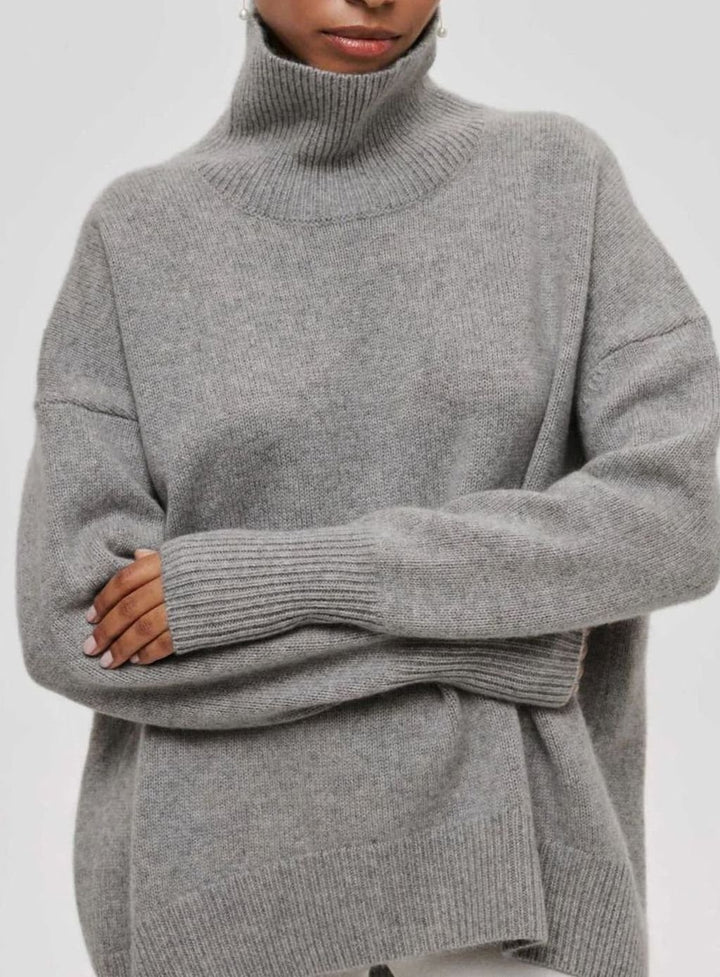 Women's Oversized Turtleneck Cardigan Sweater Elbow Slit Ribbed Knit - Grey