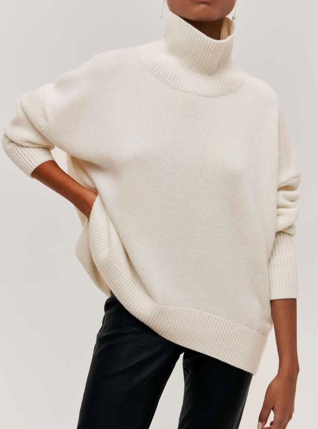 Women's Oversized Turtleneck Cardigan Sweater Elbow Slit Ribbed Knit - White