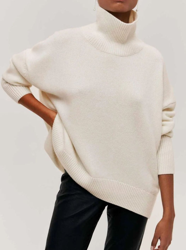 Women's Oversized Turtleneck Cardigan Sweater Elbow Slit Ribbed Knit - White