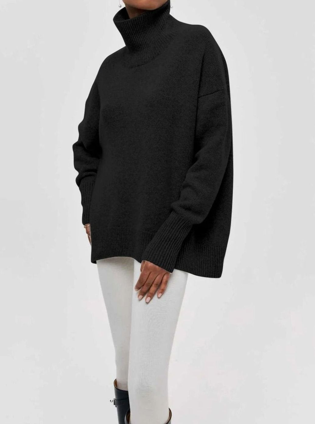 Women's Oversized Turtleneck Cardigan Sweater Elbow Slit Ribbed Knit - Black