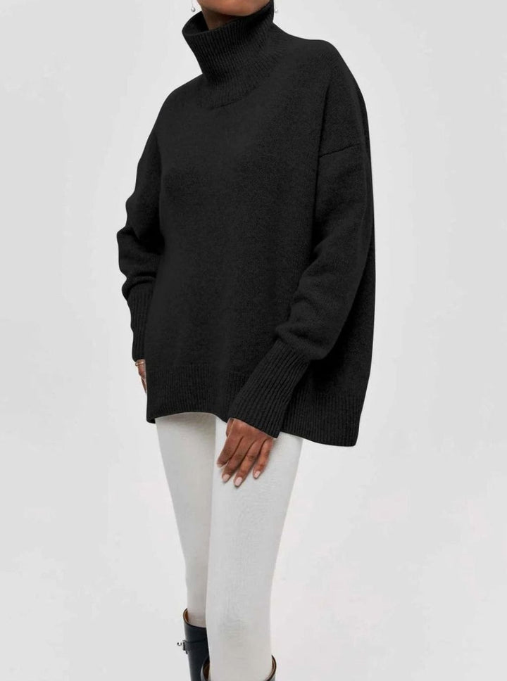 Women's Oversized Turtleneck Cardigan Sweater Elbow Slit Ribbed Knit - Black