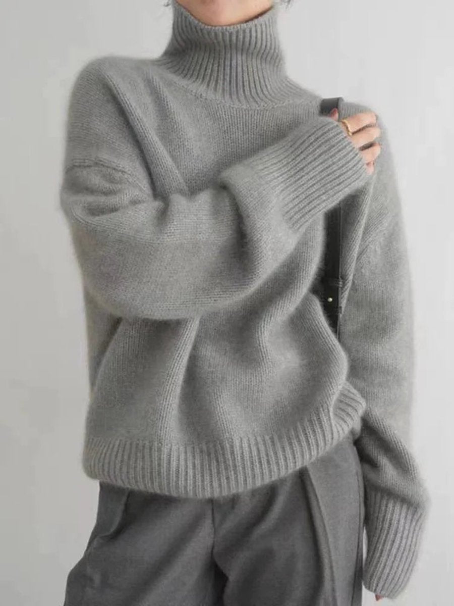 Women's Oversized Turtleneck Cashmere Knit Sweater - Grey