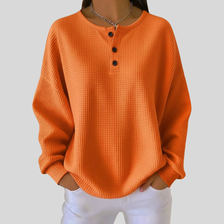 Women's Oversized Waffle Knit Sweater Henley Long Sleeve Top
