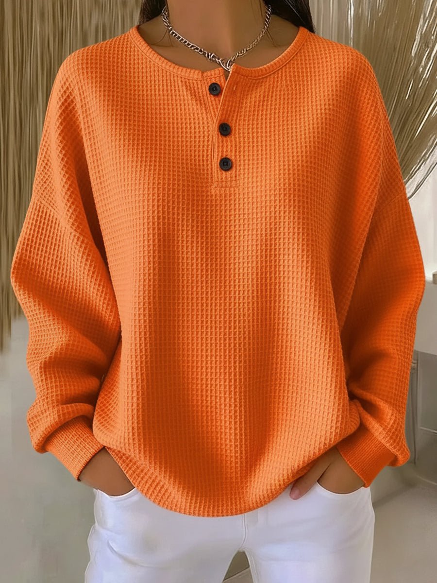 Women's Oversized Waffle Knit Sweater Henley Long Sleeve Top - Orange