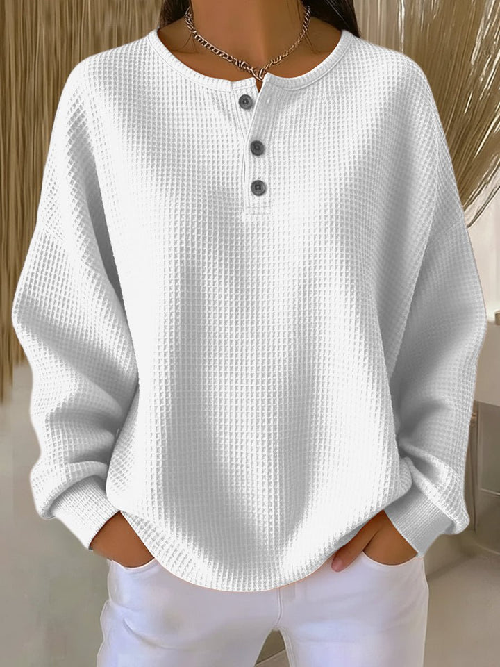 Women's Oversized Waffle Knit Sweater Henley Long Sleeve Top - White