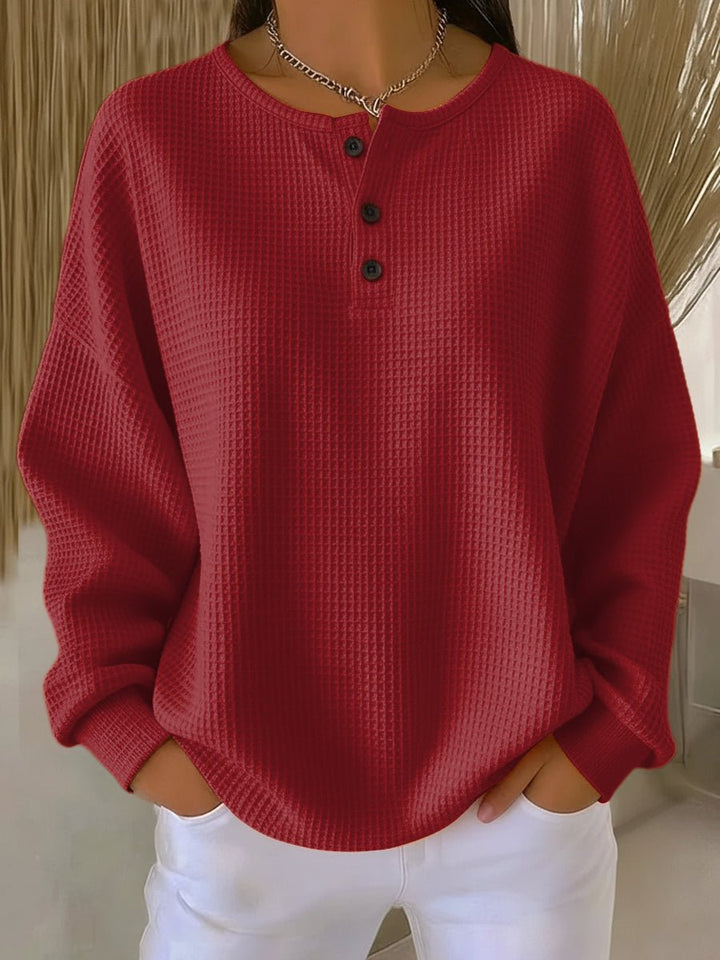Women's Oversized Waffle Knit Sweater Henley Long Sleeve Top - Red