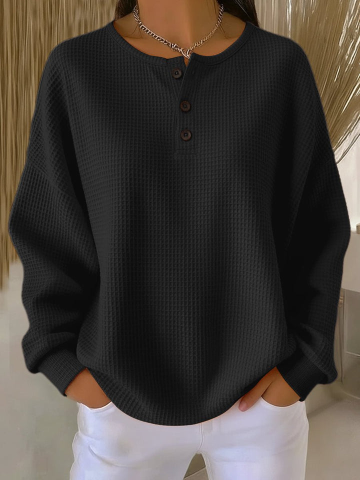 Women's Oversized Waffle Knit Sweater Henley Long Sleeve Top - Black
