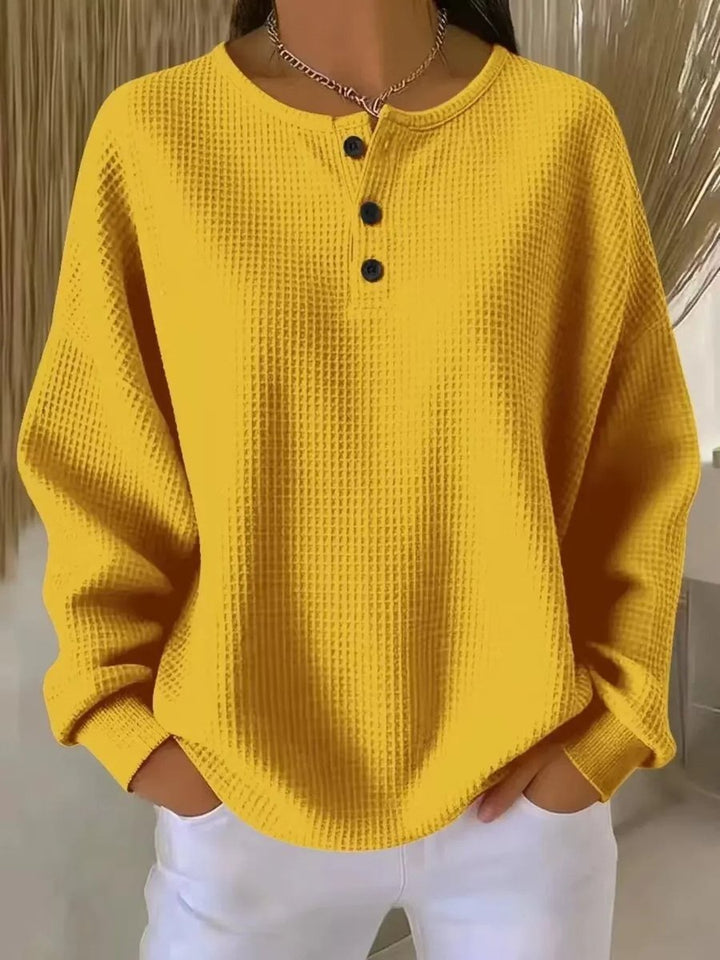 Women's Oversized Waffle Knit Sweater Henley Long Sleeve Top - Yellow