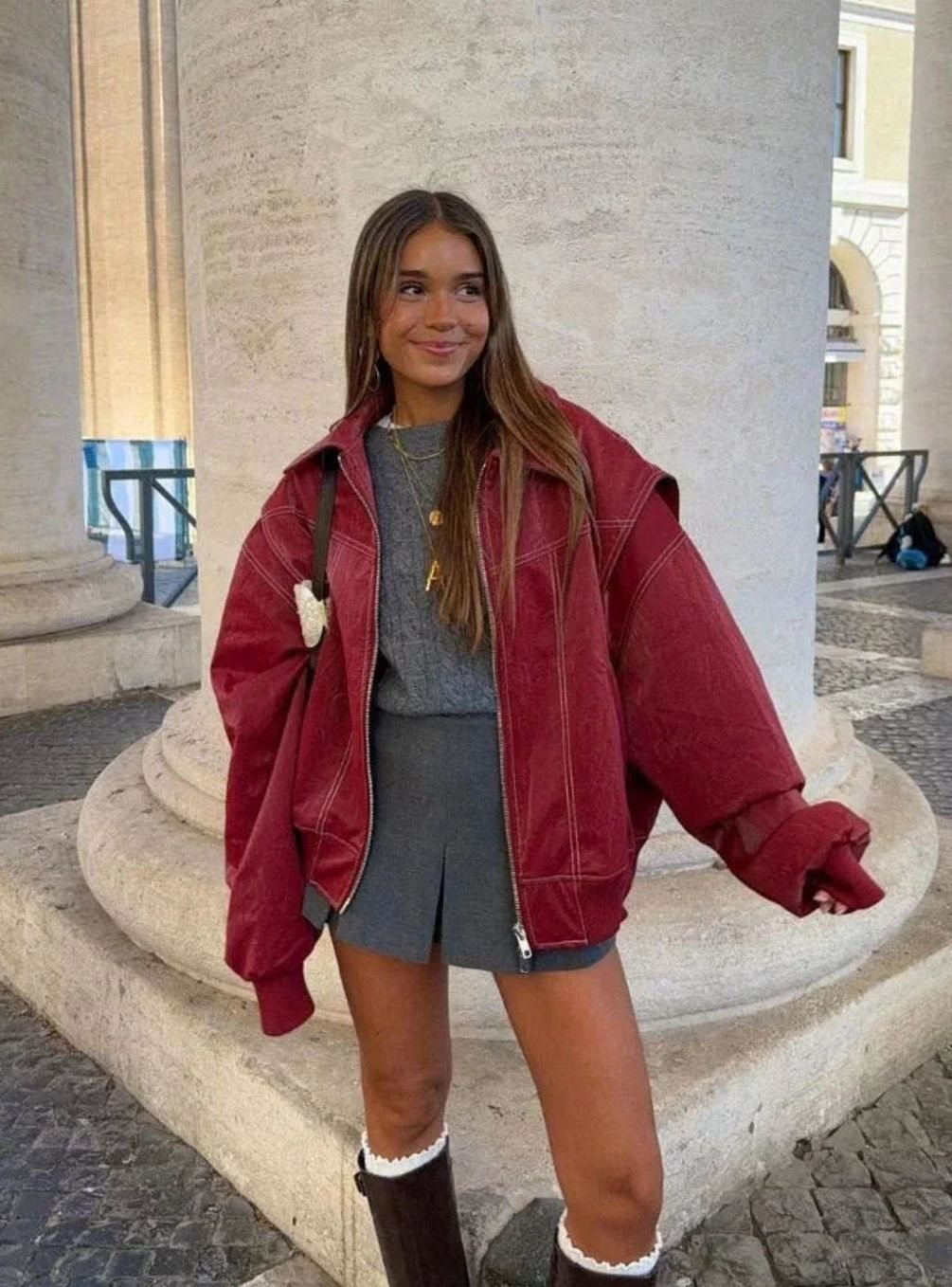Women's Oversized Zip-Up Bomber Jacket Blazer - Red