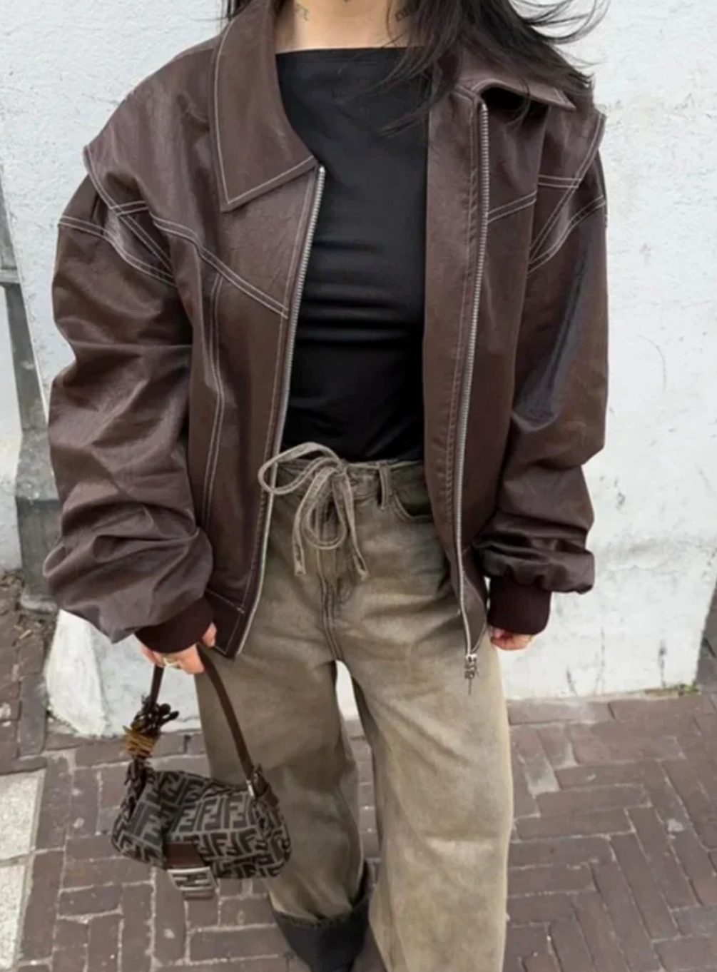 Women's Oversized Zip-Up Bomber Jacket Blazer - Brown