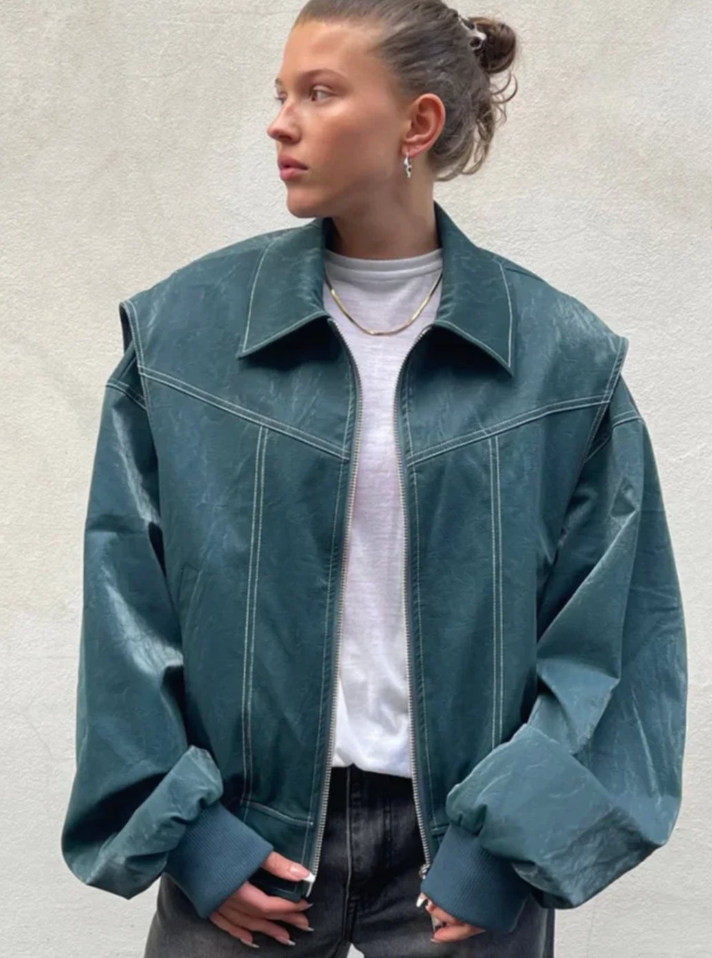 Women's Oversized Zip-Up Bomber Jacket Blazer - Turquoise
