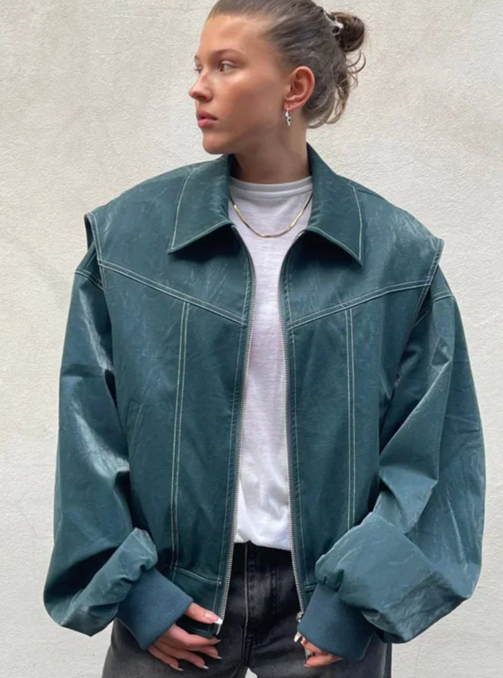 Women's Oversized Zip-Up Bomber Jacket Blazer - Turquoise