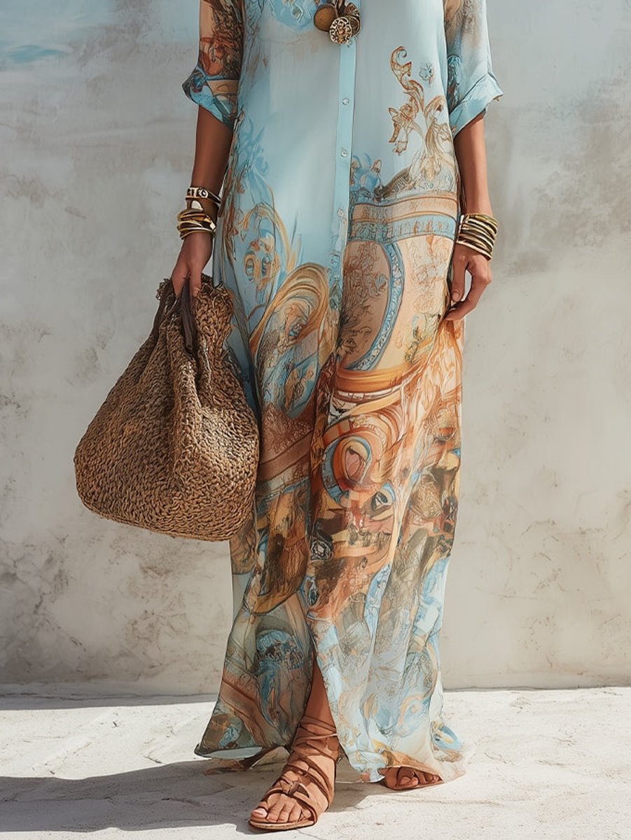 Women's Paisley Print Button-Down Maxi Shirt Dress
