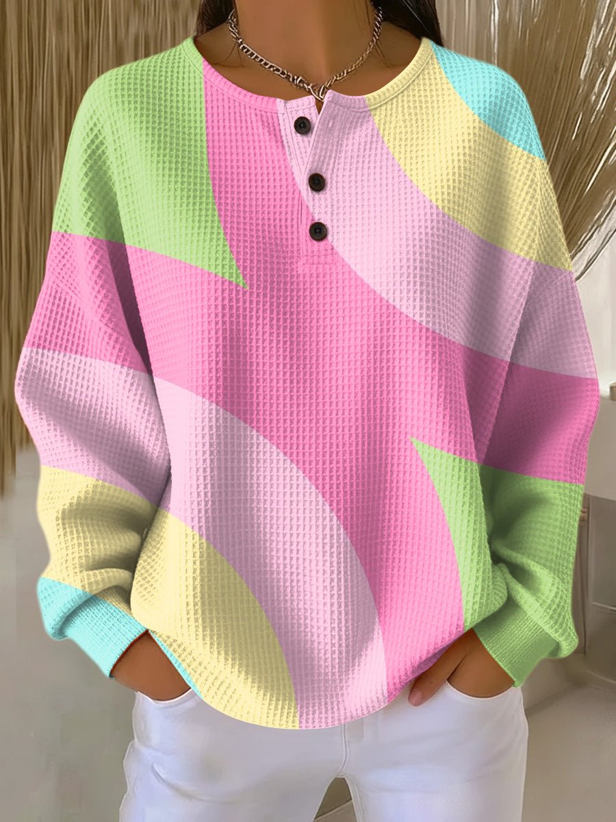 Women's Pastel Colour-Block Waffle-Knit Henley Pullover Sweater - Light Pink