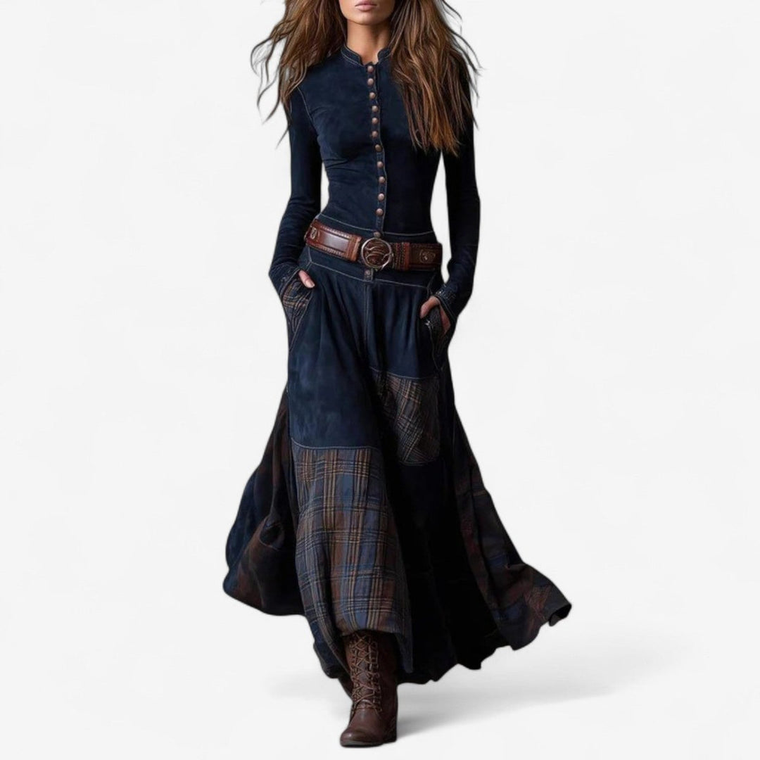 Women's Patchwork Maxi Long Sleeve Dress Button-Up Suede - Royal Blue