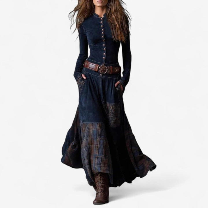 Women's Patchwork Maxi Long Sleeve Dress Button-Up Suede - Royal Blue