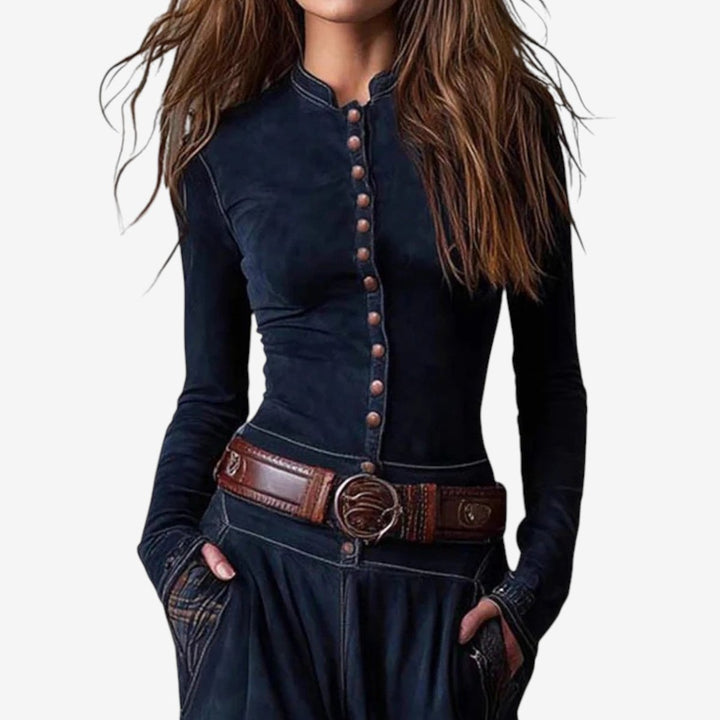 Women's Patchwork Maxi Long Sleeve Dress Button-Up Suede