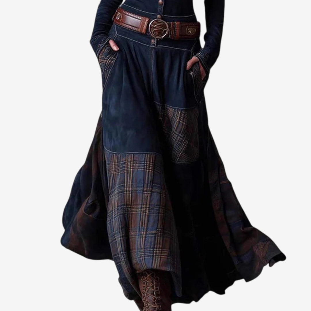 Women's Patchwork Maxi Long Sleeve Dress Button-Up Suede